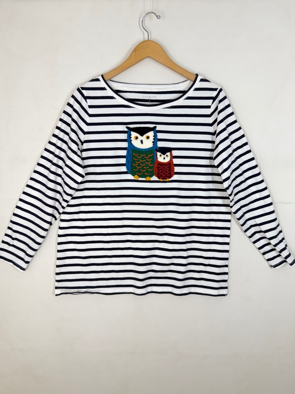 Talbots Womens Blouse Plus 1X Embroidered Owls Striped Long Sleeve Cotton Top